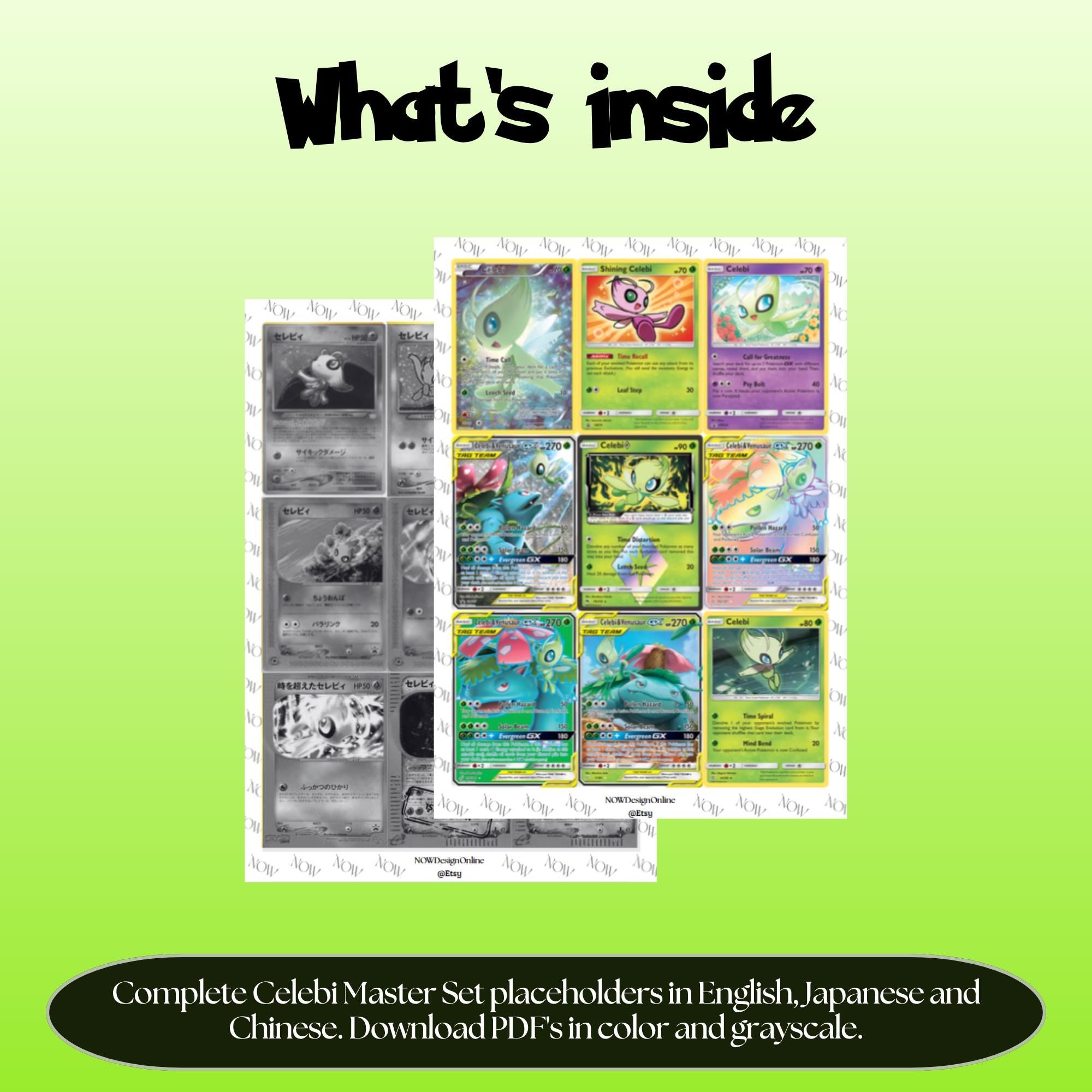 Celebi binder pages set overview showing the included Pokémon cards to print and cut for your binder sleeves.