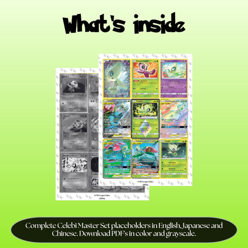 Celebi binder pages set overview showing the included Pokémon cards to print and cut for your binder sleeves.