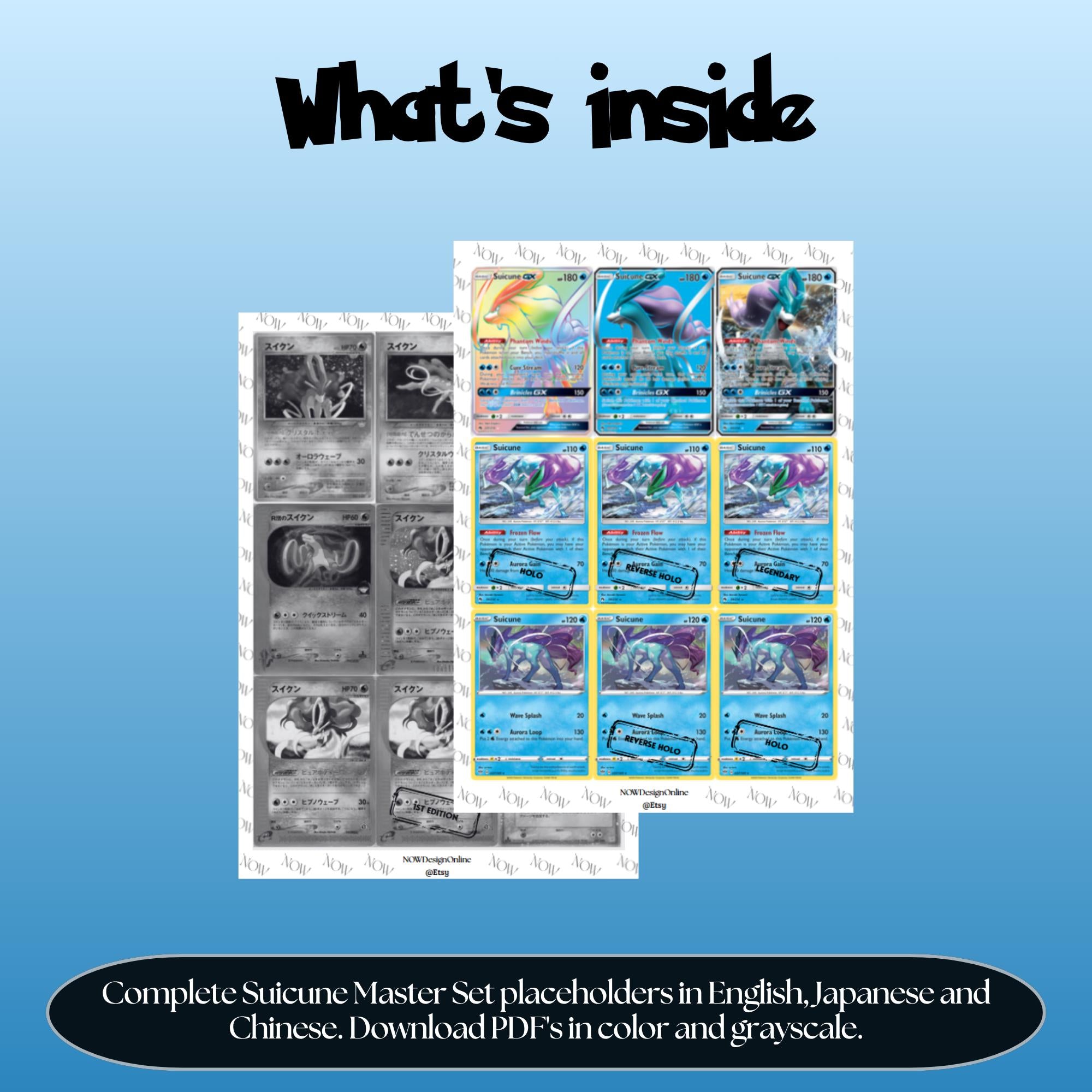 Suicune binder pages set overview showing the included Pokémon cards to print and cut for your binder sleeves.