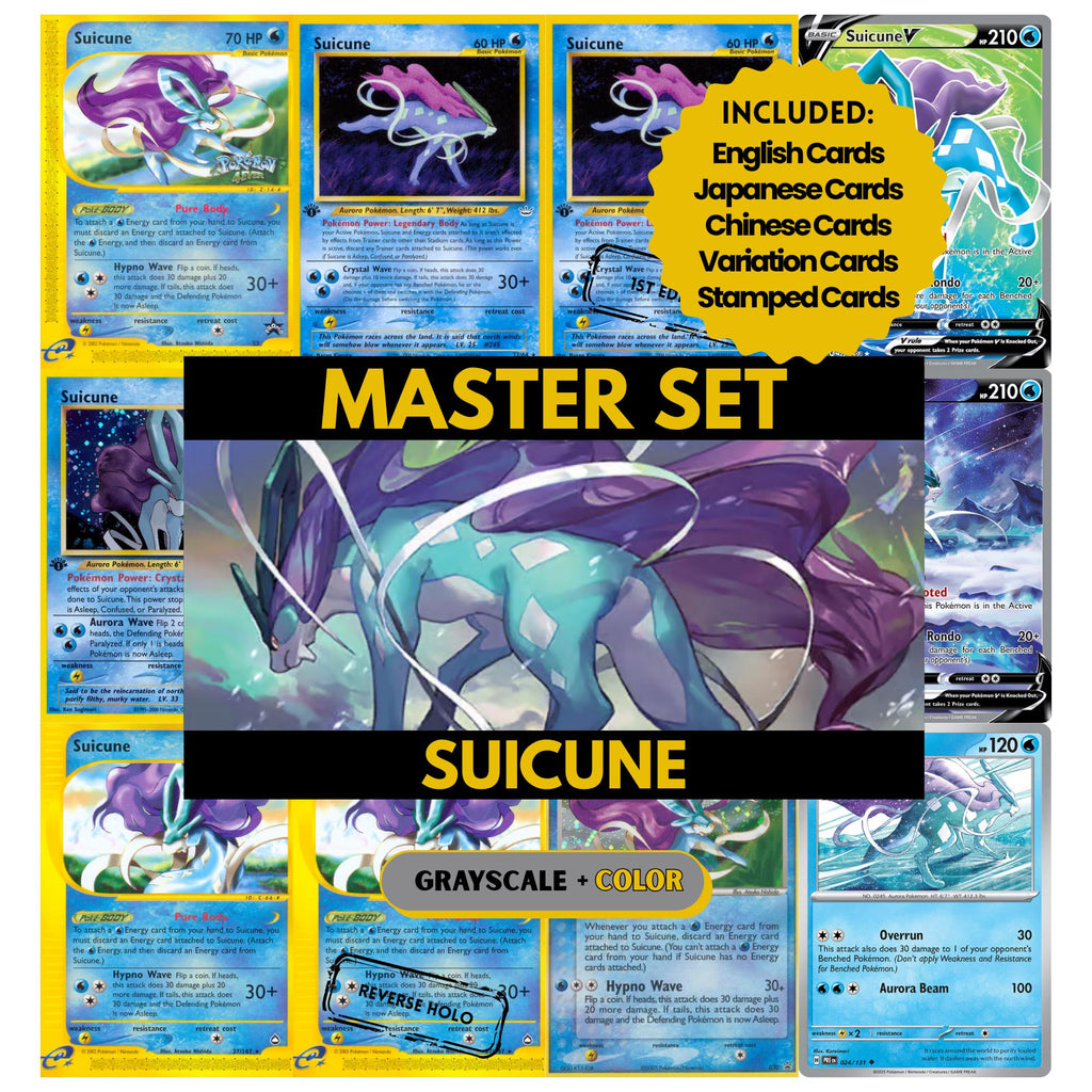 Suicune binder pages set showing grayscale and color Pokémon cards, designed as a digital download to complete a collector’s binder.