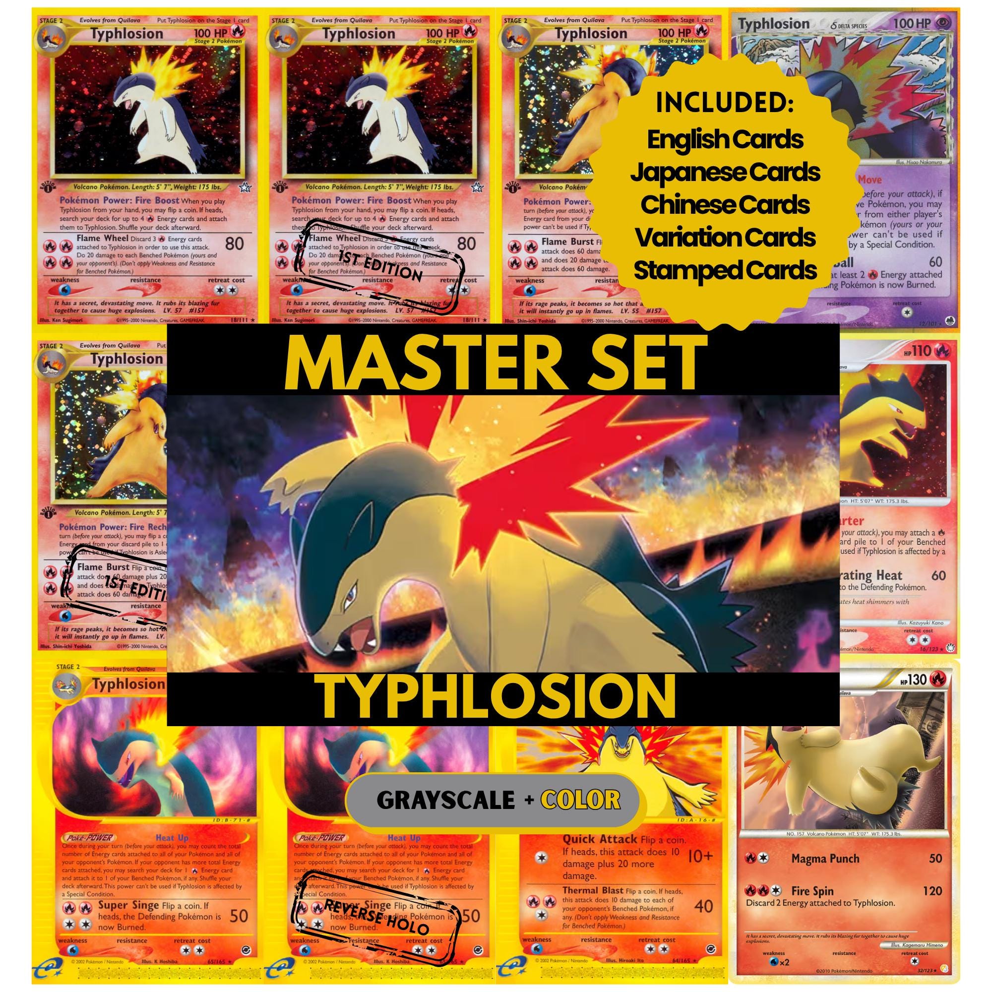 Typhlosion binder pages set showing grayscale and color Pokémon cards, designed as a digital download to complete a collector’s binder.