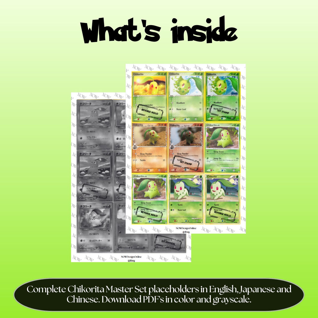 Chikorita binder pages set overview showing the included Pokémon cards to print and cut for your binder sleeves.
