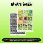 Chikorita binder pages set overview showing the included Pokémon cards to print and cut for your binder sleeves.
