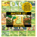 Chikorita binder pages set showing grayscale and color Pokémon cards, designed as a digital download to complete a collector’s binder.