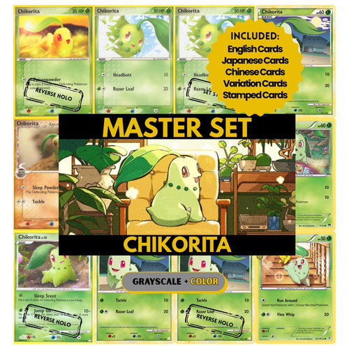 Chikorita binder pages set showing grayscale and color Pokémon cards, designed as a digital download to complete a collector’s binder.