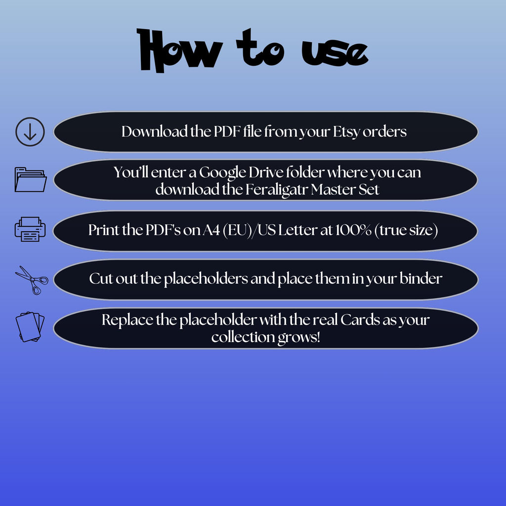 Feraligatr cards digital download instructions explaining how to print, cut, and place placeholders in a Pokémon binder.