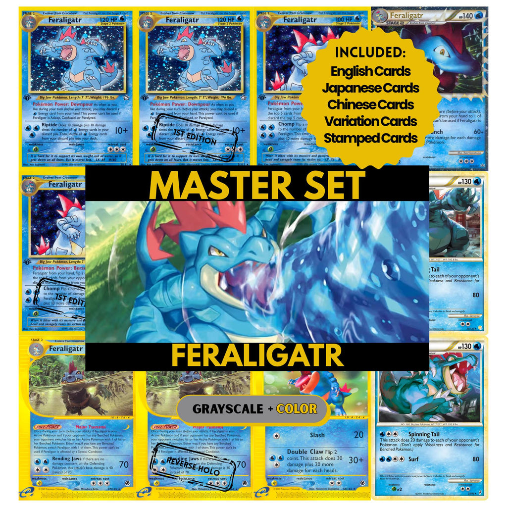 Feraligatr binder pages set showing grayscale and color Pokémon cards, designed as a digital download to complete a collector’s binder.