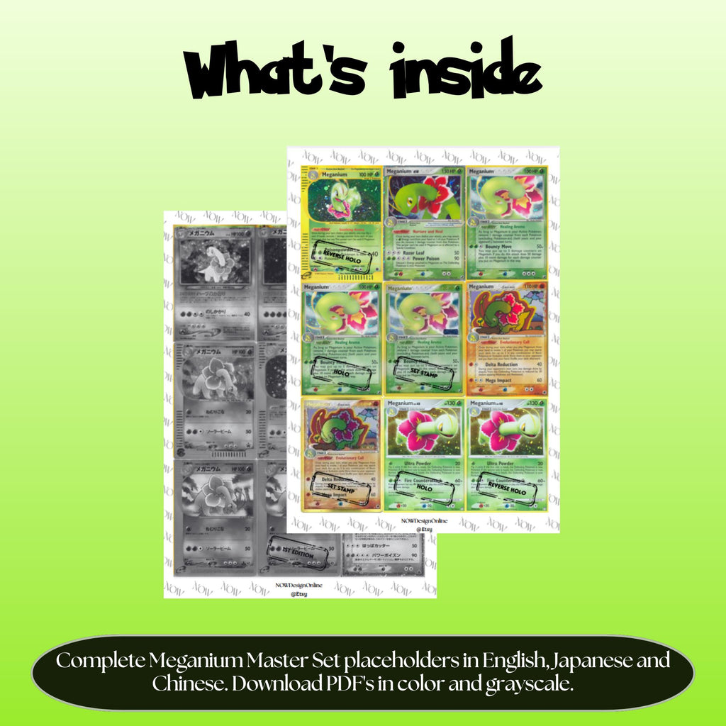 Meganium binder pages set overview showing the included Pokémon cards to print and cut for your binder sleeves.