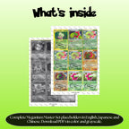 Meganium binder pages set overview showing the included Pokémon cards to print and cut for your binder sleeves.