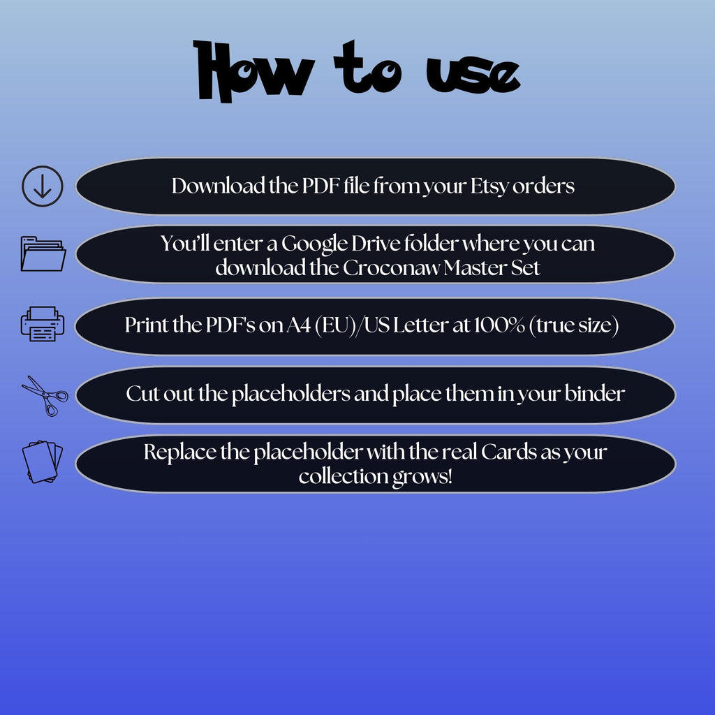 Croconaw cards digital download instructions explaining how to print, cut, and place placeholders in a Pokémon binder.