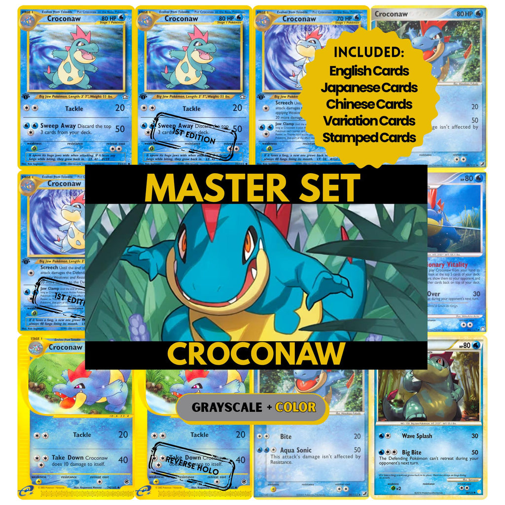 Croconaw binder pages set showing grayscale and color Pokémon cards, designed as a digital download to complete a collector’s binder.