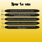 Pichu cards digital download instructions explaining how to print, cut, and place placeholders in a Pokémon binder.