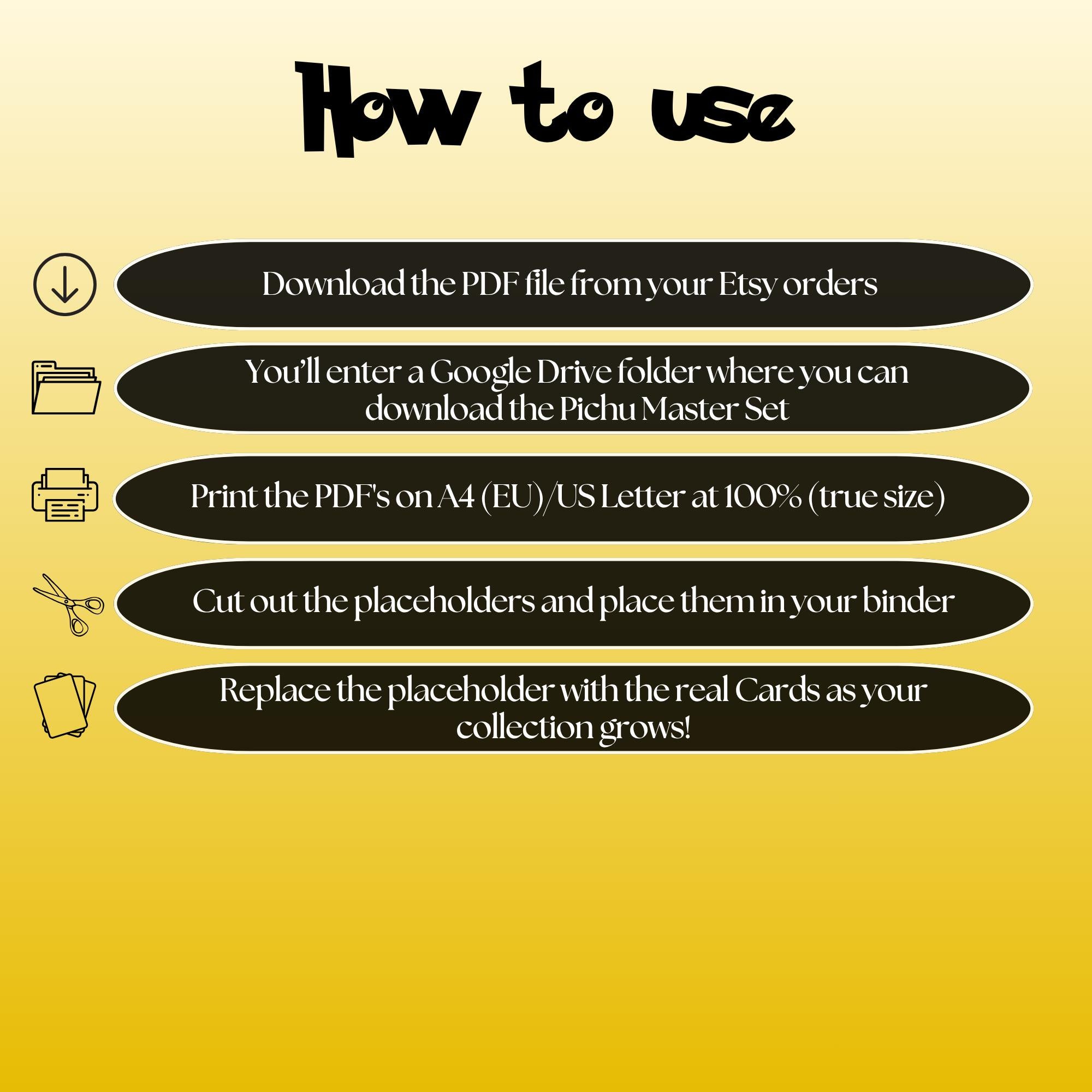 Pichu cards digital download instructions explaining how to print, cut, and place placeholders in a Pokémon binder.