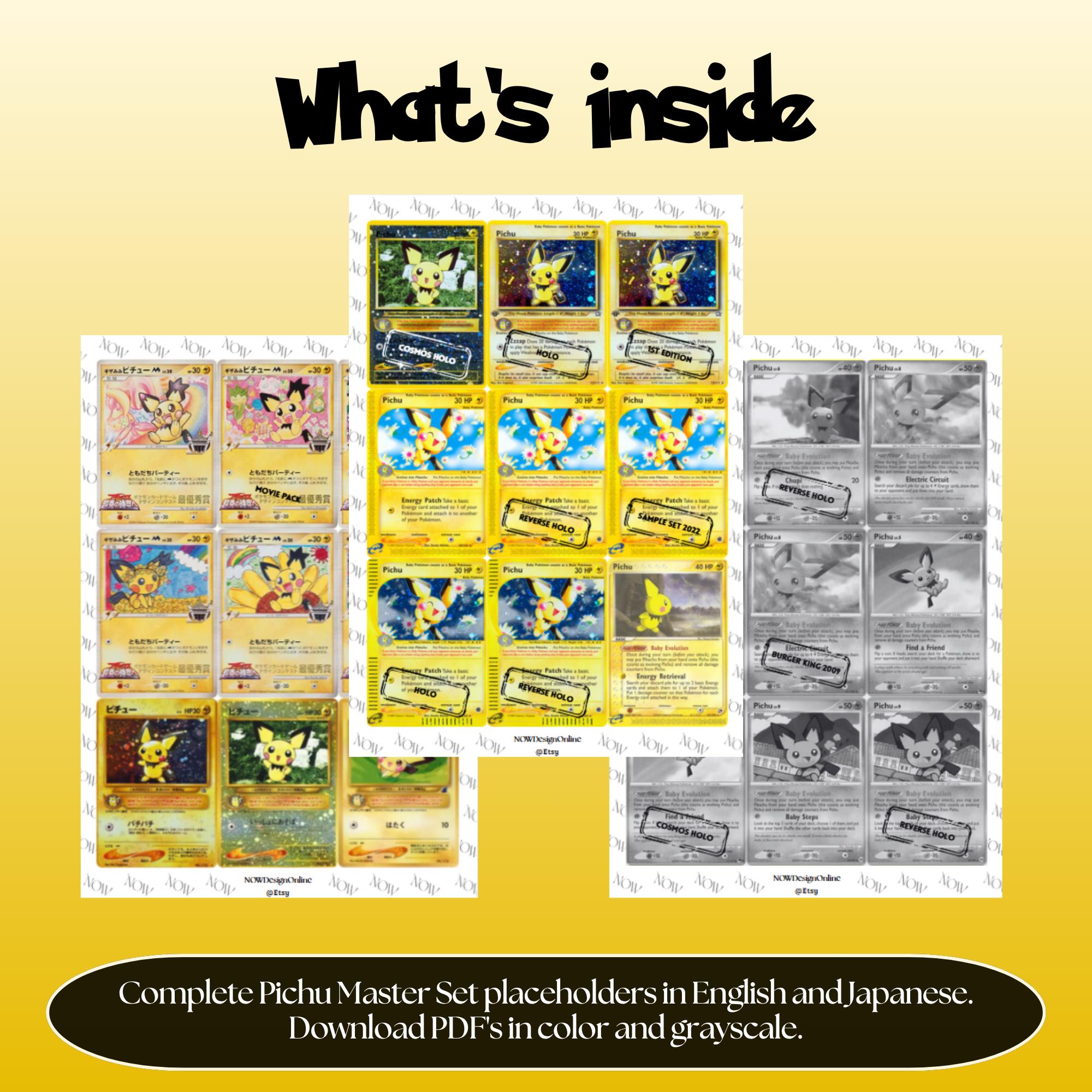 Pichu binder pages set overview showing the included Pokémon cards to print and cut for your binder sleeves.