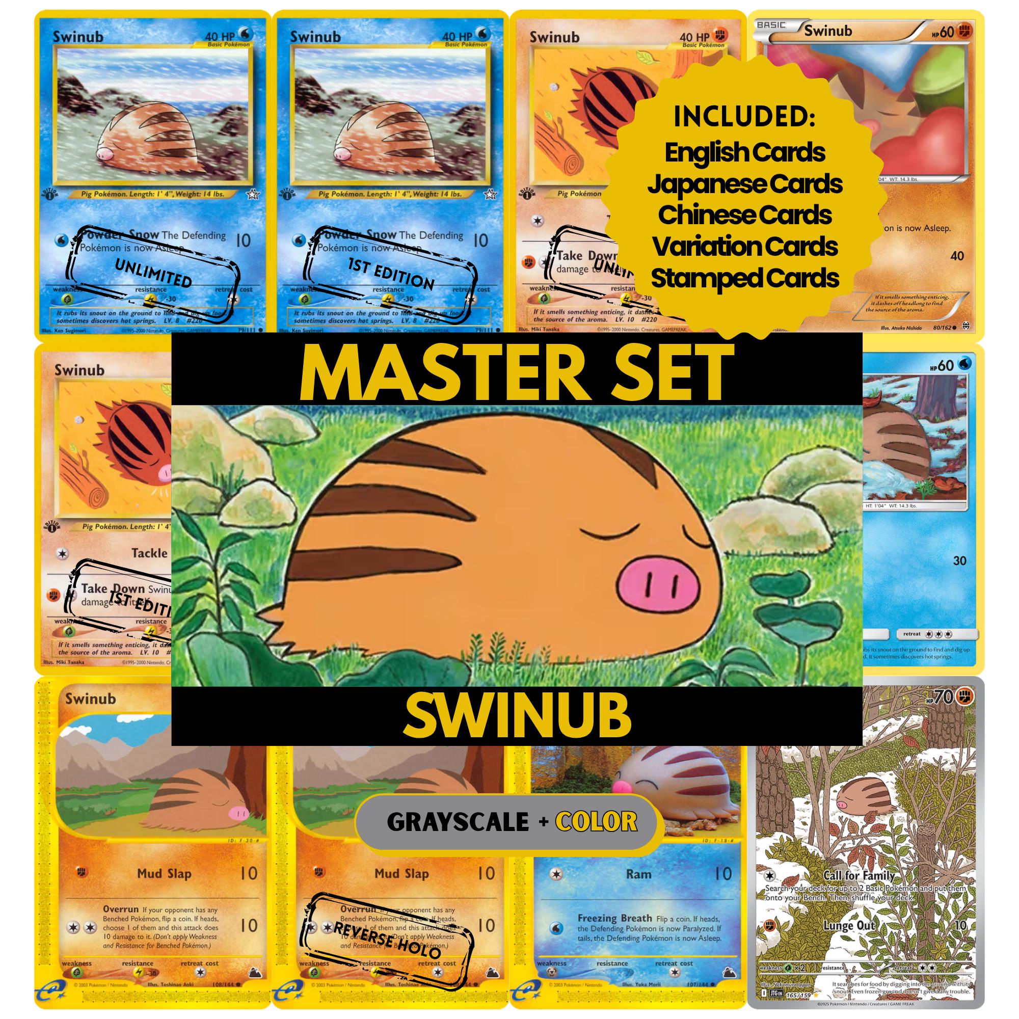 Swinub binder pages set showing grayscale and color Pokémon cards, designed as a digital download to complete a collector’s binder.