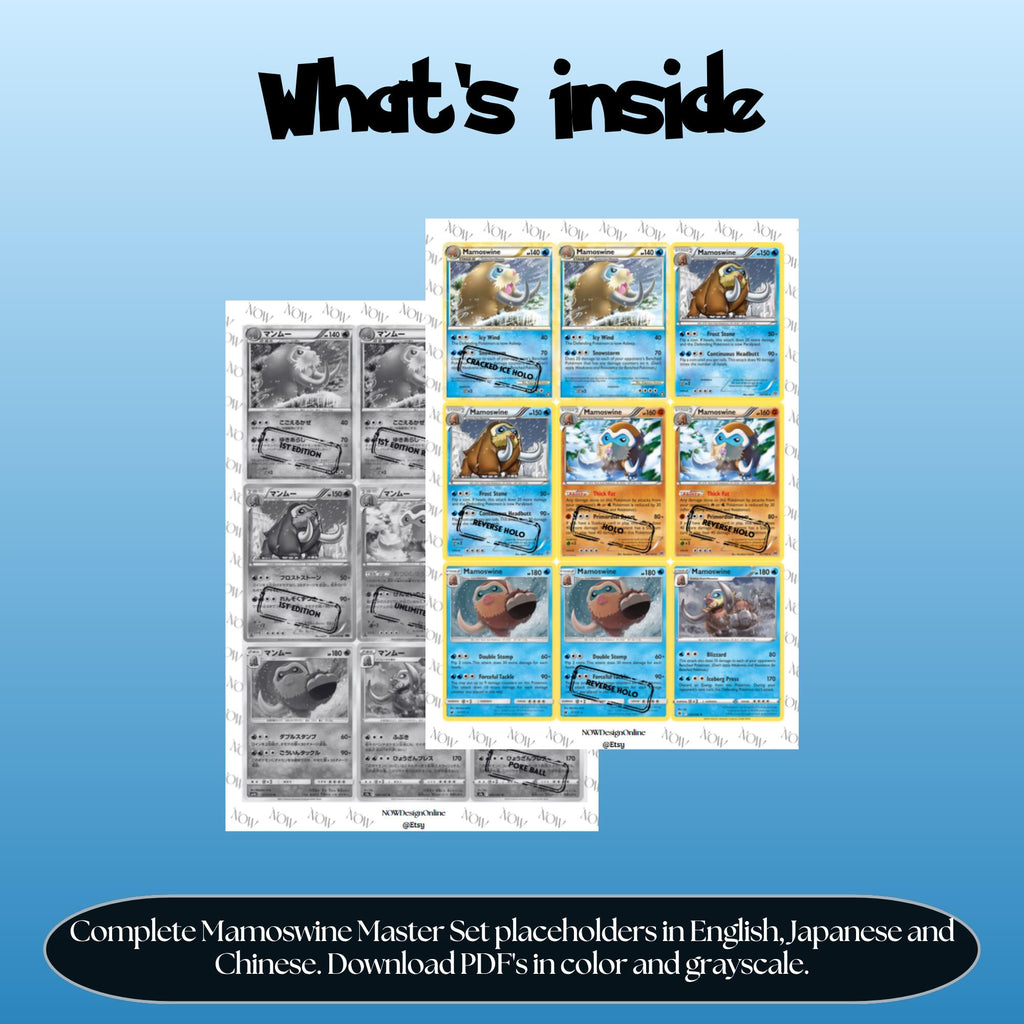 Mamoswine binder pages set overview showing the included Pokémon cards to print and cut for your binder sleeves.