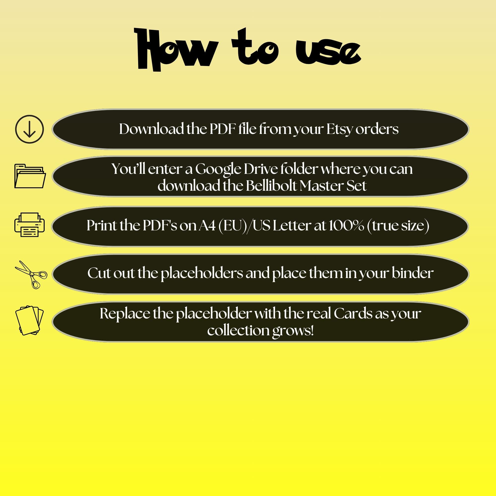 Bellibolt cards digital download instructions explaining how to print, cut, and place placeholders in a Pokémon binder.
