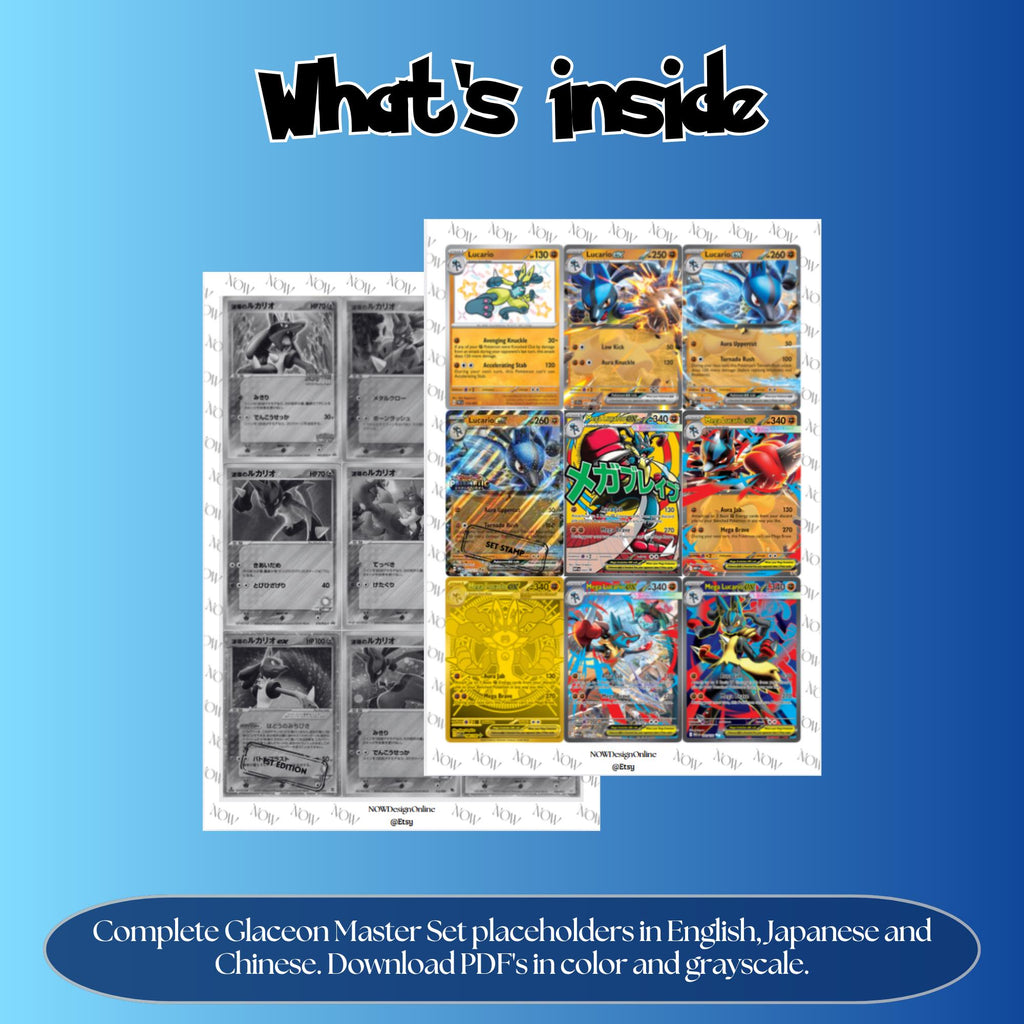 Lucario binder pages set overview showing the included Pokémon cards to print and cut for your binder sleeves.