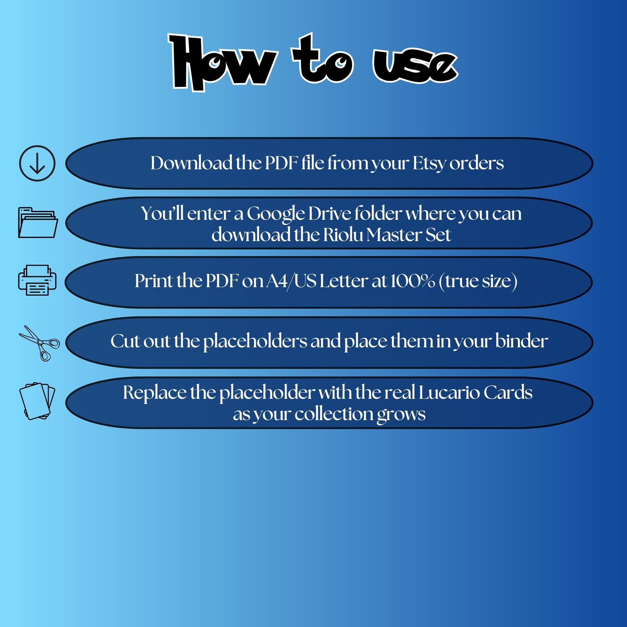 Riolu cards digital download instructions explaining how to print, cut, and place placeholders in a Pokémon binder.