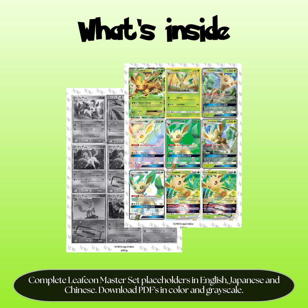 Leafeon binder pages set overview showing the included Pokémon cards to print and cut for your binder sleeves.