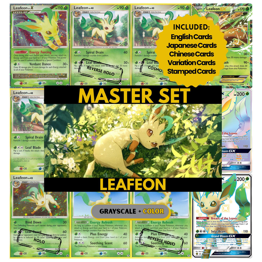 Leafeon binder pages set showing grayscale and color Pokémon cards, designed as a digital download to complete a collector’s binder.