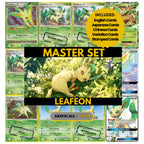Leafeon binder pages set showing grayscale and color Pokémon cards, designed as a digital download to complete a collector’s binder.