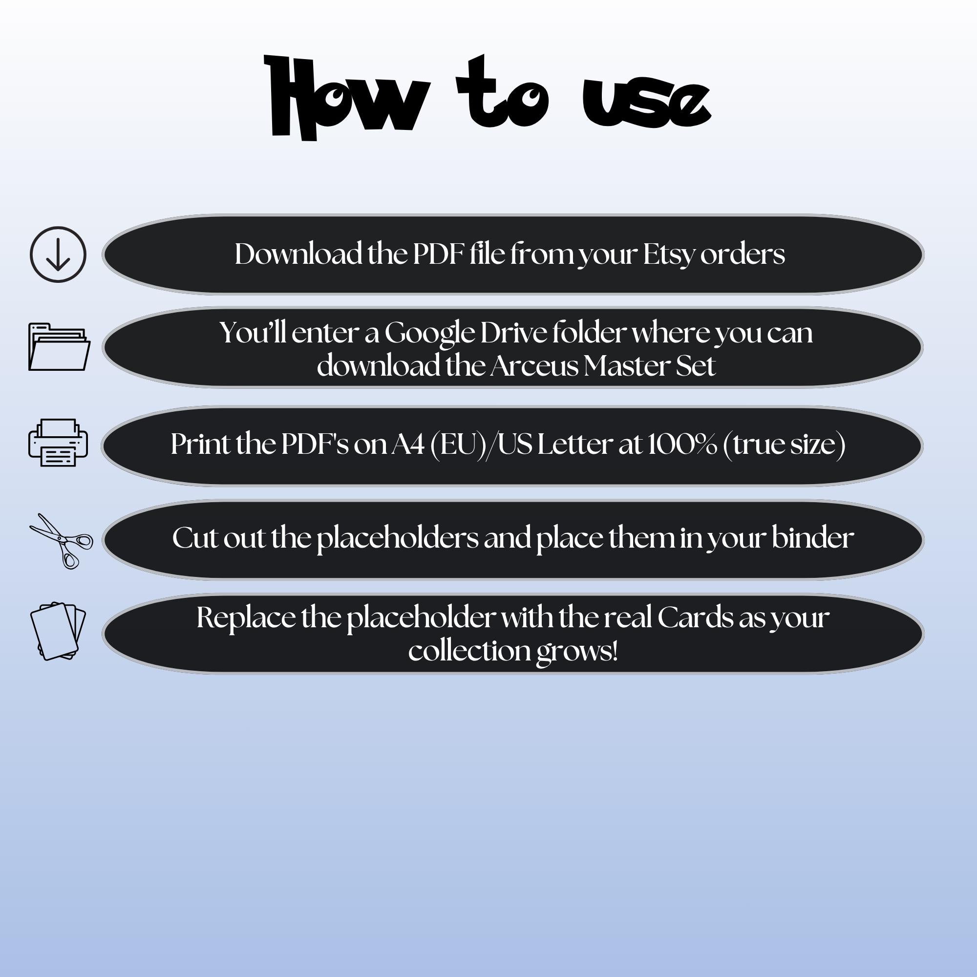 Arceus cards digital download instructions explaining how to print, cut, and place placeholders in a Pokémon binder.