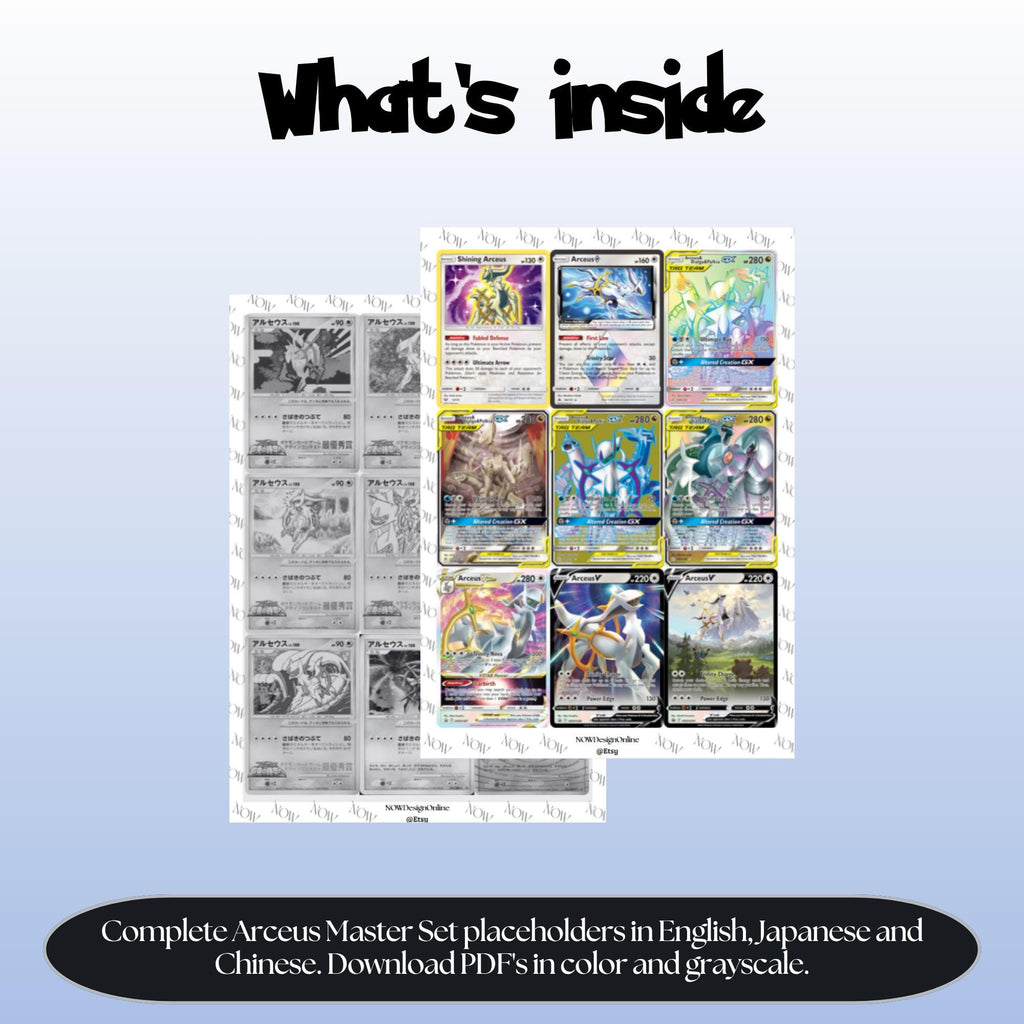 Arceus binder pages set overview showing the included Pokémon cards to print and cut for your binder sleeves.
