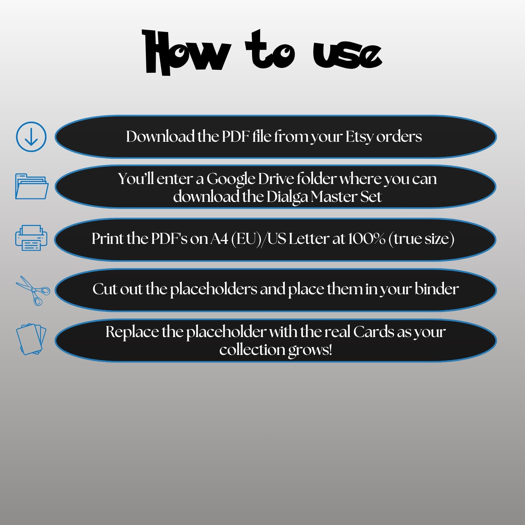 Dialga cards digital download instructions explaining how to print, cut, and place placeholders in a Pokémon binder.