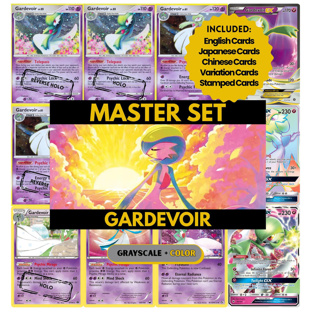 Gardevoir binder pages set showing grayscale and color Pokémon cards, designed as a digital download to complete a collector’s binder.