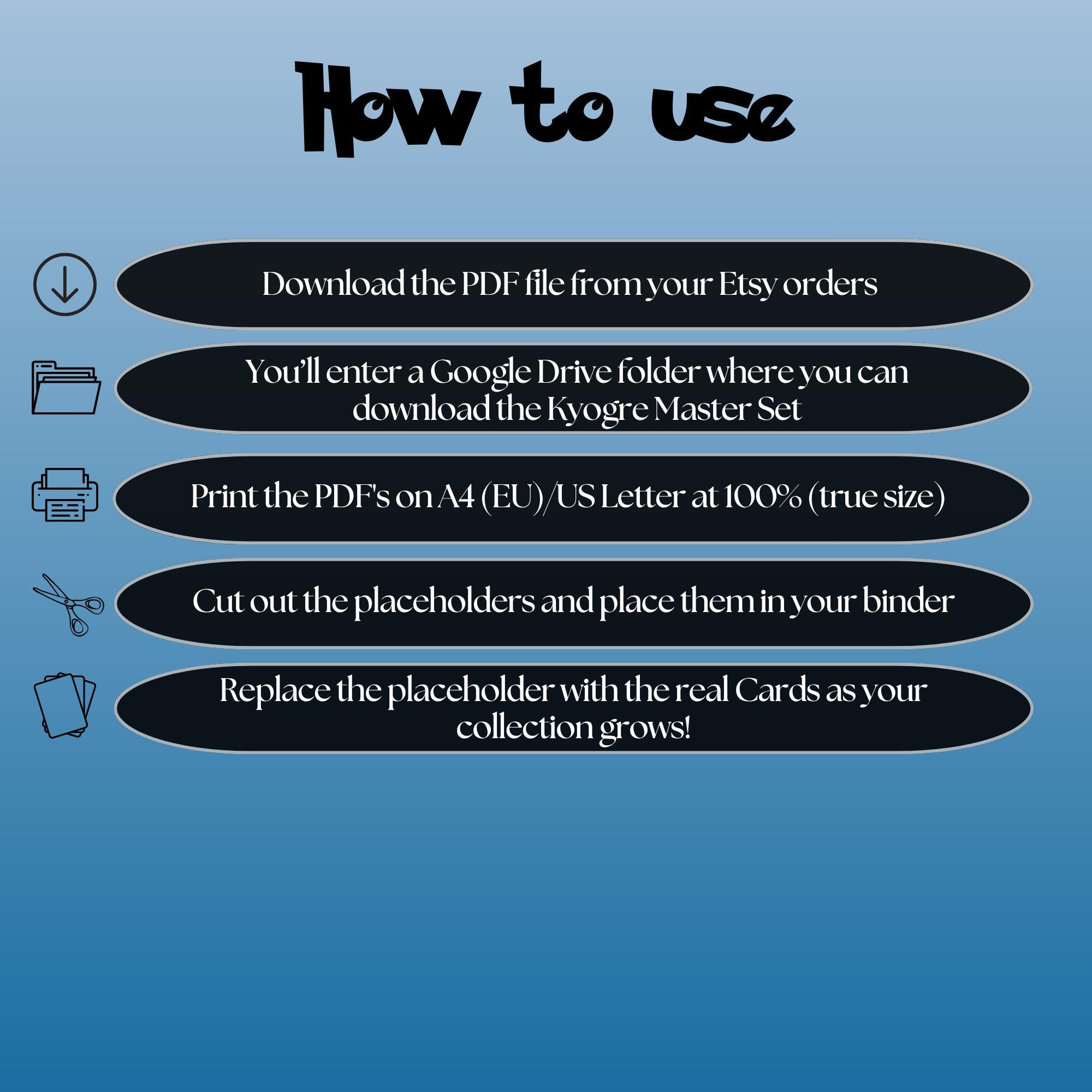 Kyogre cards digital download instructions explaining how to print, cut, and place placeholders in a Pokémon binder.