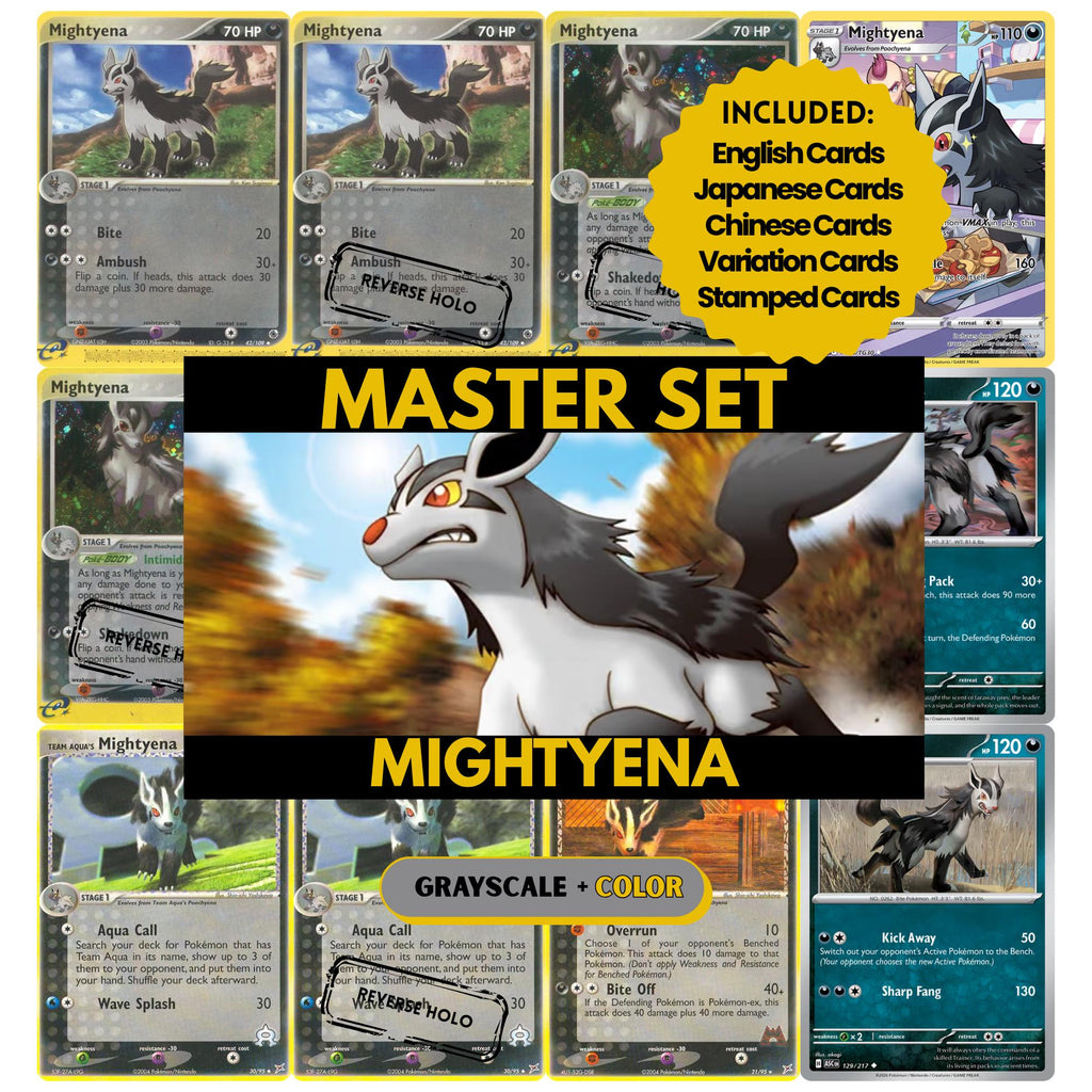 Mightyena binder pages set showing grayscale and color Pokémon cards, designed as a digital download to complete a collector’s binder.