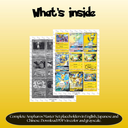 Ampharos binder pages set overview showing the included Pokémon cards to print and cut for your binder sleeves.