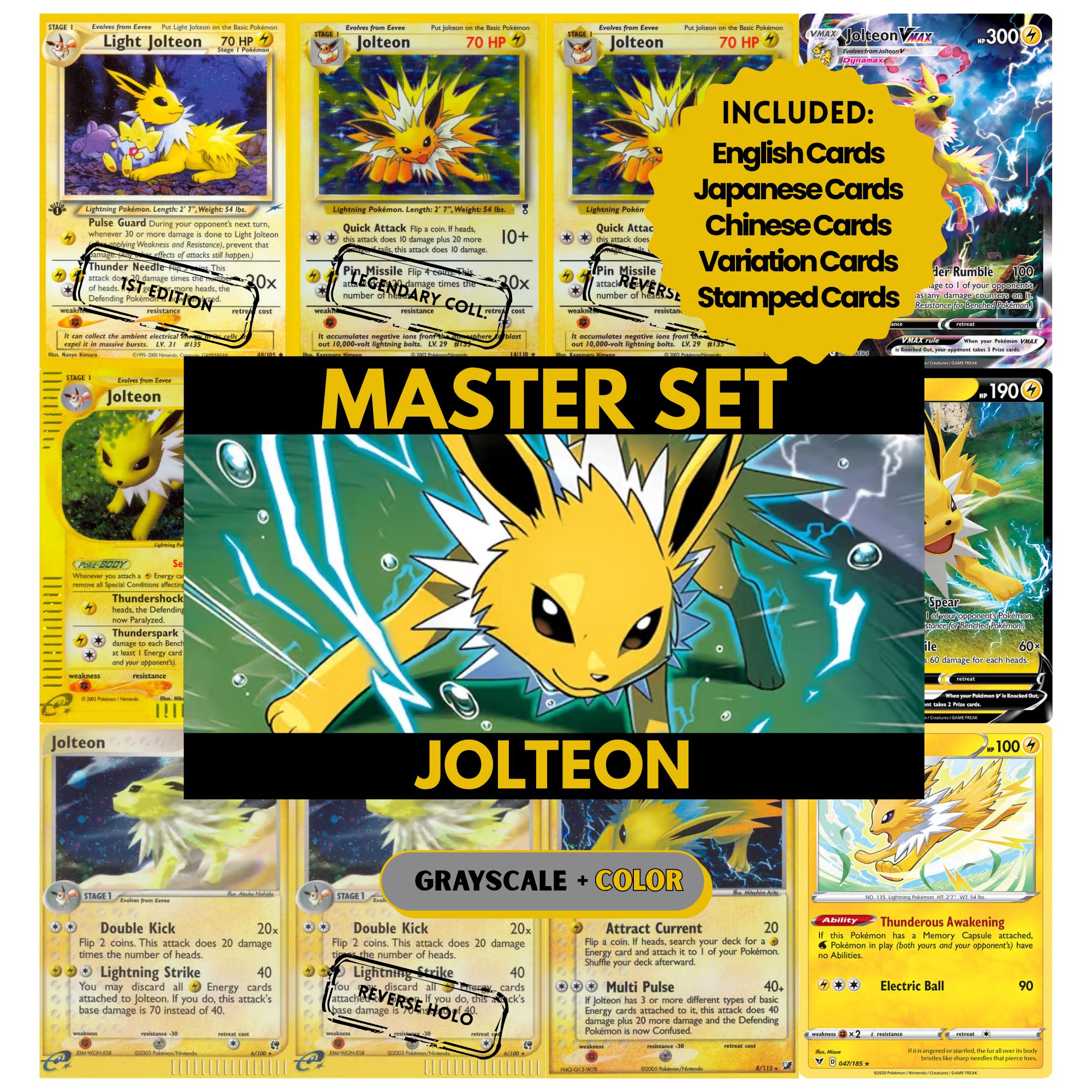 Jolteon binder pages set showing grayscale and color Pokémon cards, designed as a digital download to complete a collector’s binder.
