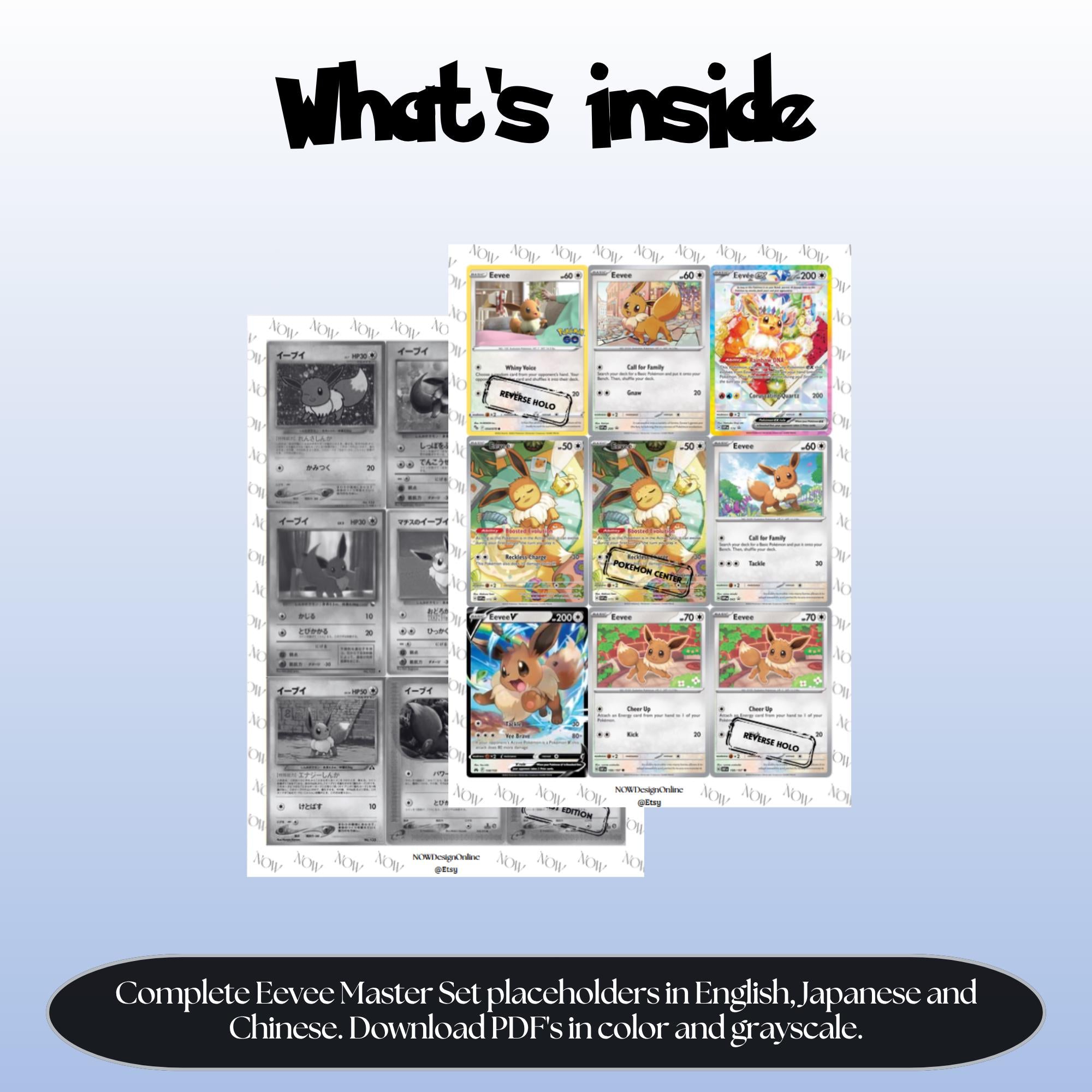 Eevee binder pages set overview showing the included Pokémon cards to print and cut for your binder sleeves.