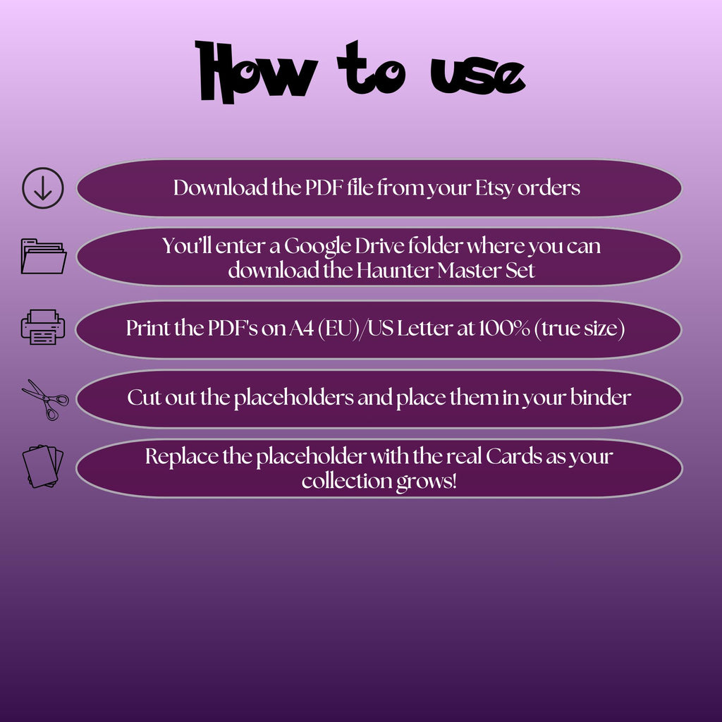 Haunter cards digital download instructions explaining how to print, cut, and place placeholders in a Pokémon binder.