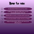 Haunter cards digital download instructions explaining how to print, cut, and place placeholders in a Pokémon binder.