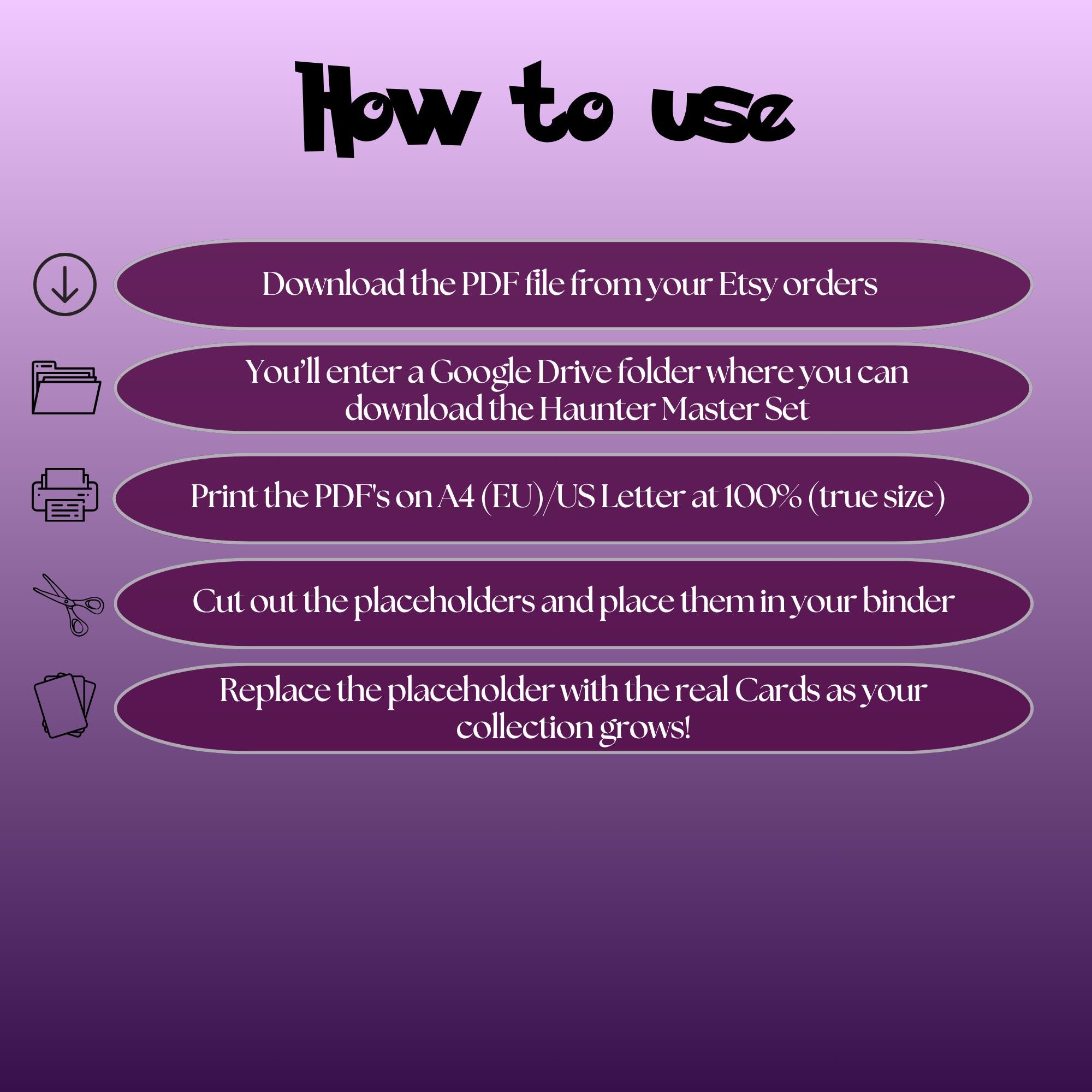 Haunter cards digital download instructions explaining how to print, cut, and place placeholders in a Pokémon binder.