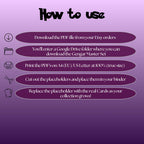 Gengar cards digital download instructions explaining how to print, cut, and place placeholders in a Pokémon binder.