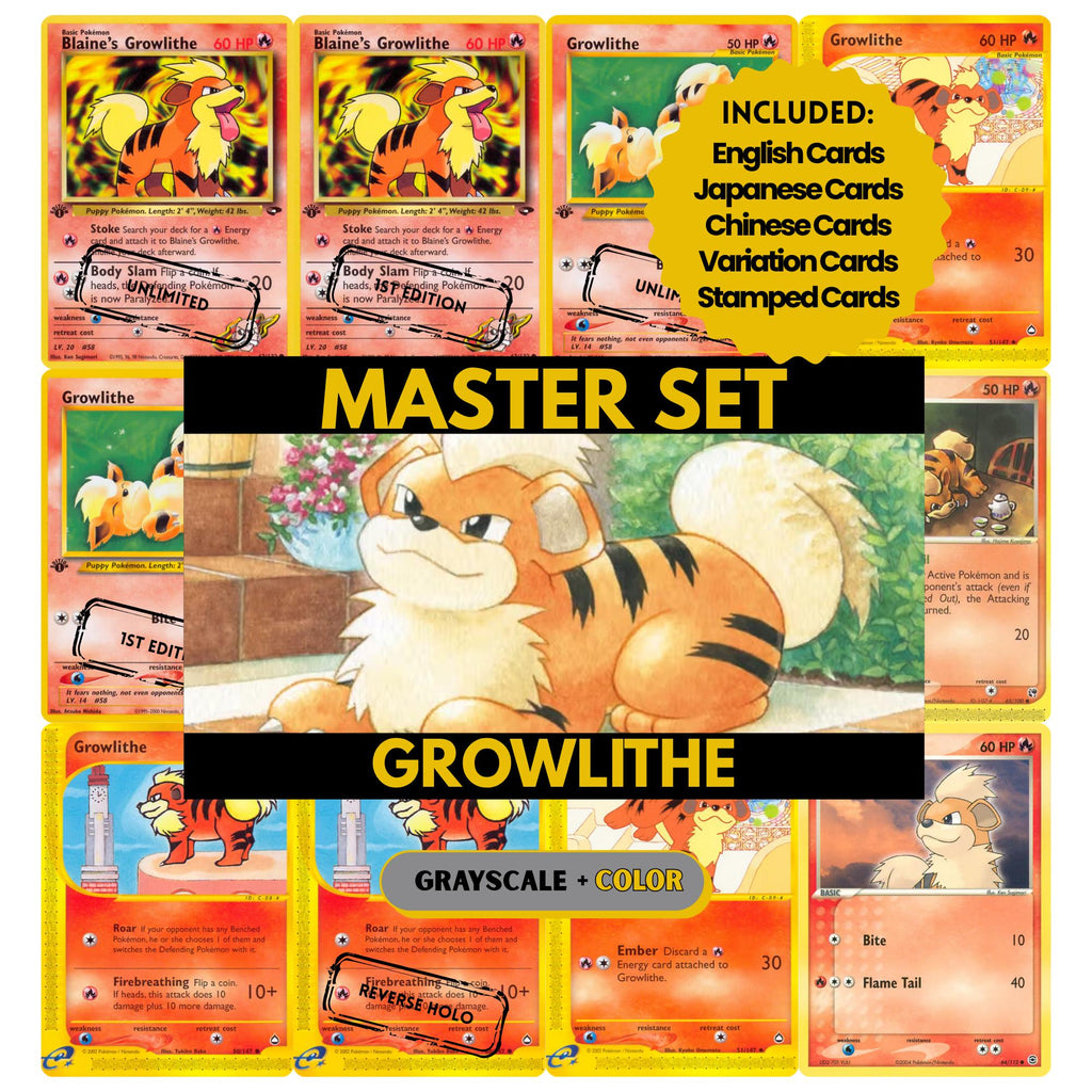 Growlithe binder pages set showing grayscale and color Pokémon cards, designed as a digital download to complete a collector’s binder.