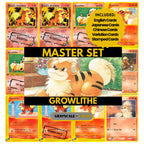 Growlithe binder pages set showing grayscale and color Pokémon cards, designed as a digital download to complete a collector’s binder.