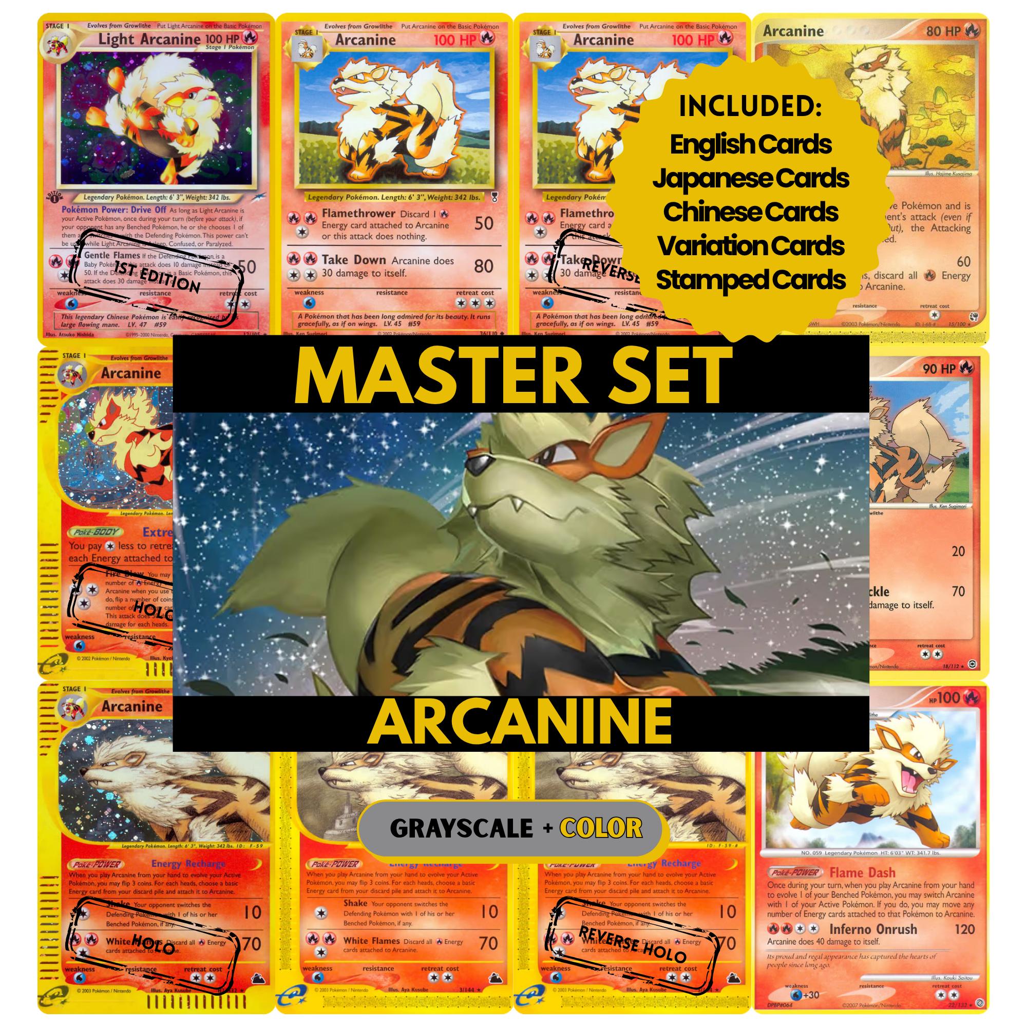 Arcanine binder pages set showing grayscale and color Pokémon cards, designed as a digital download to complete a collector’s binder.