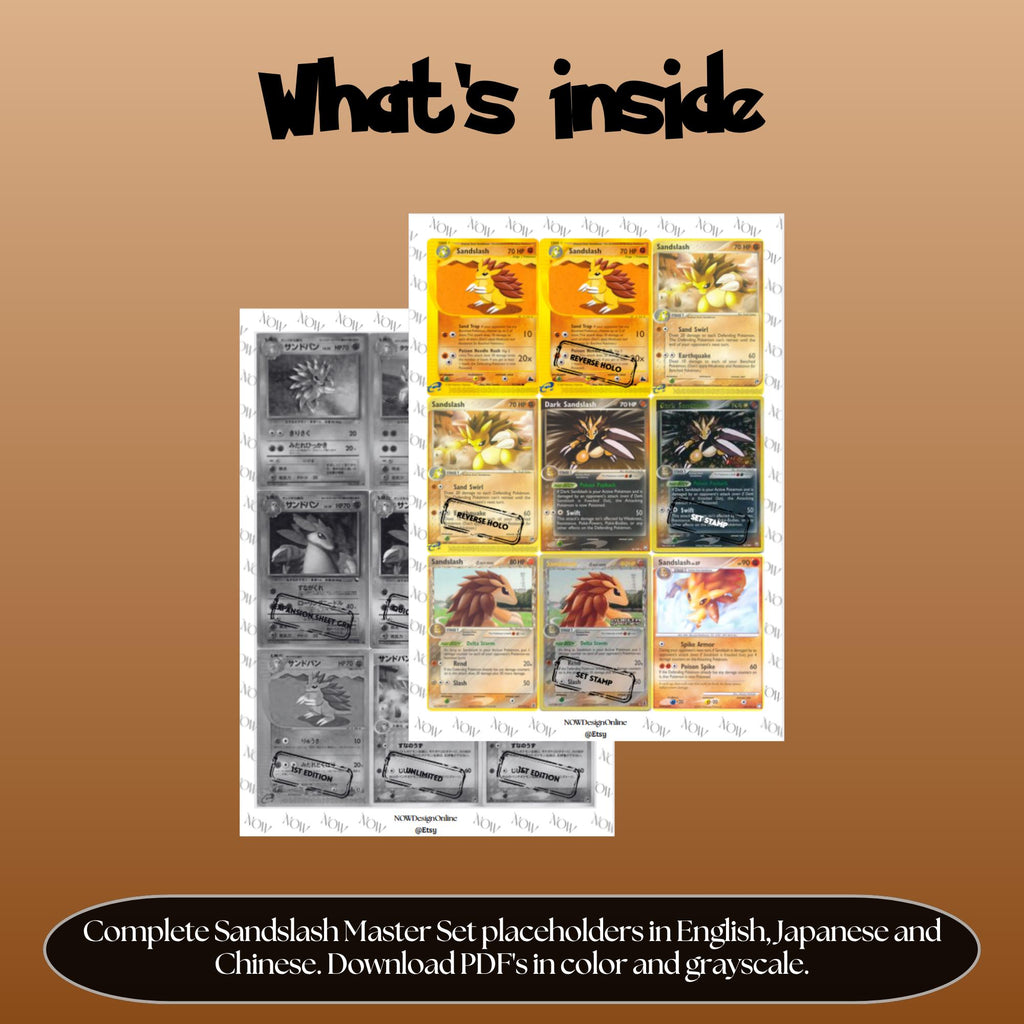 Sandslash binder pages set overview showing the included Pokémon cards to print and cut for your binder sleeves.