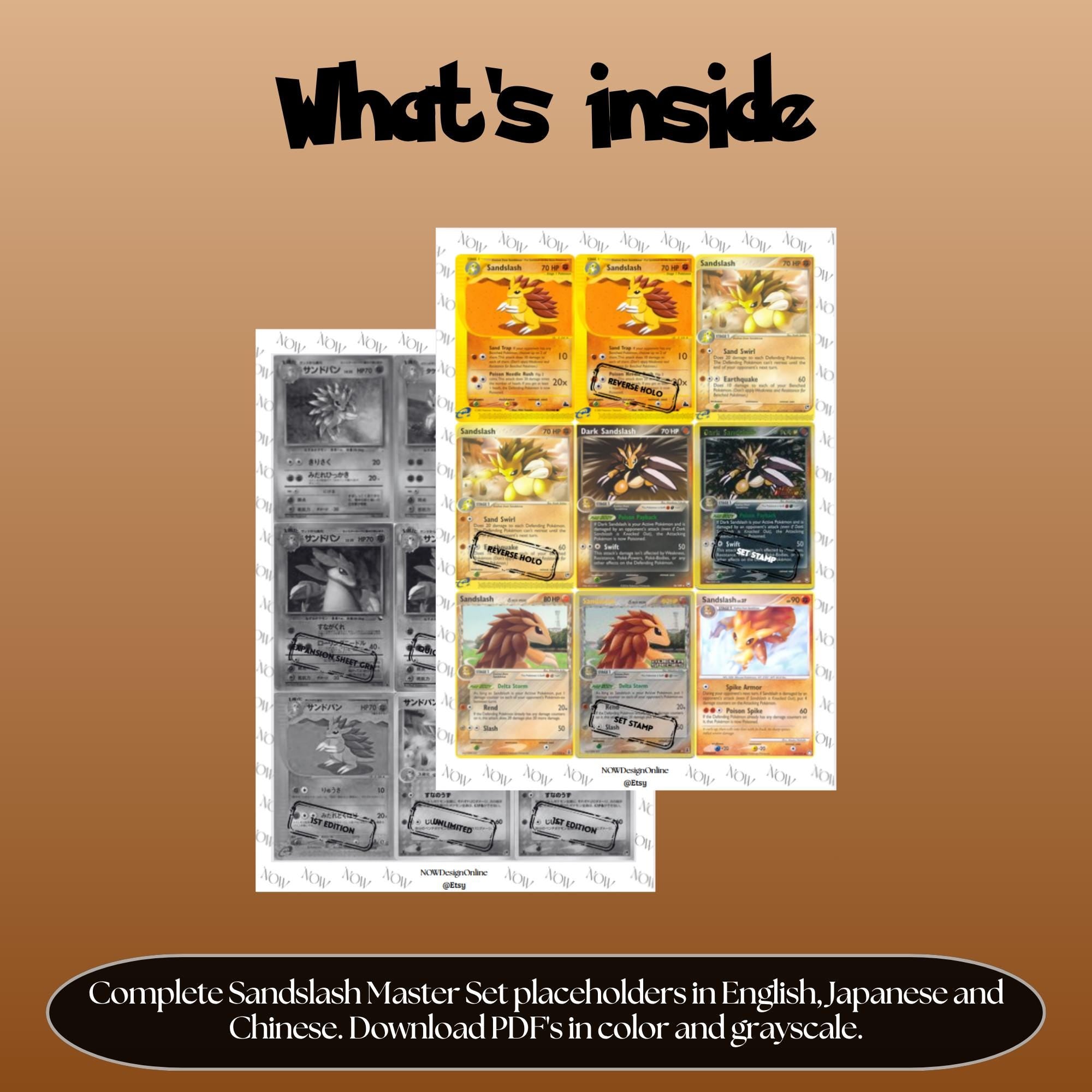 Sandslash binder pages set overview showing the included Pokémon cards to print and cut for your binder sleeves.