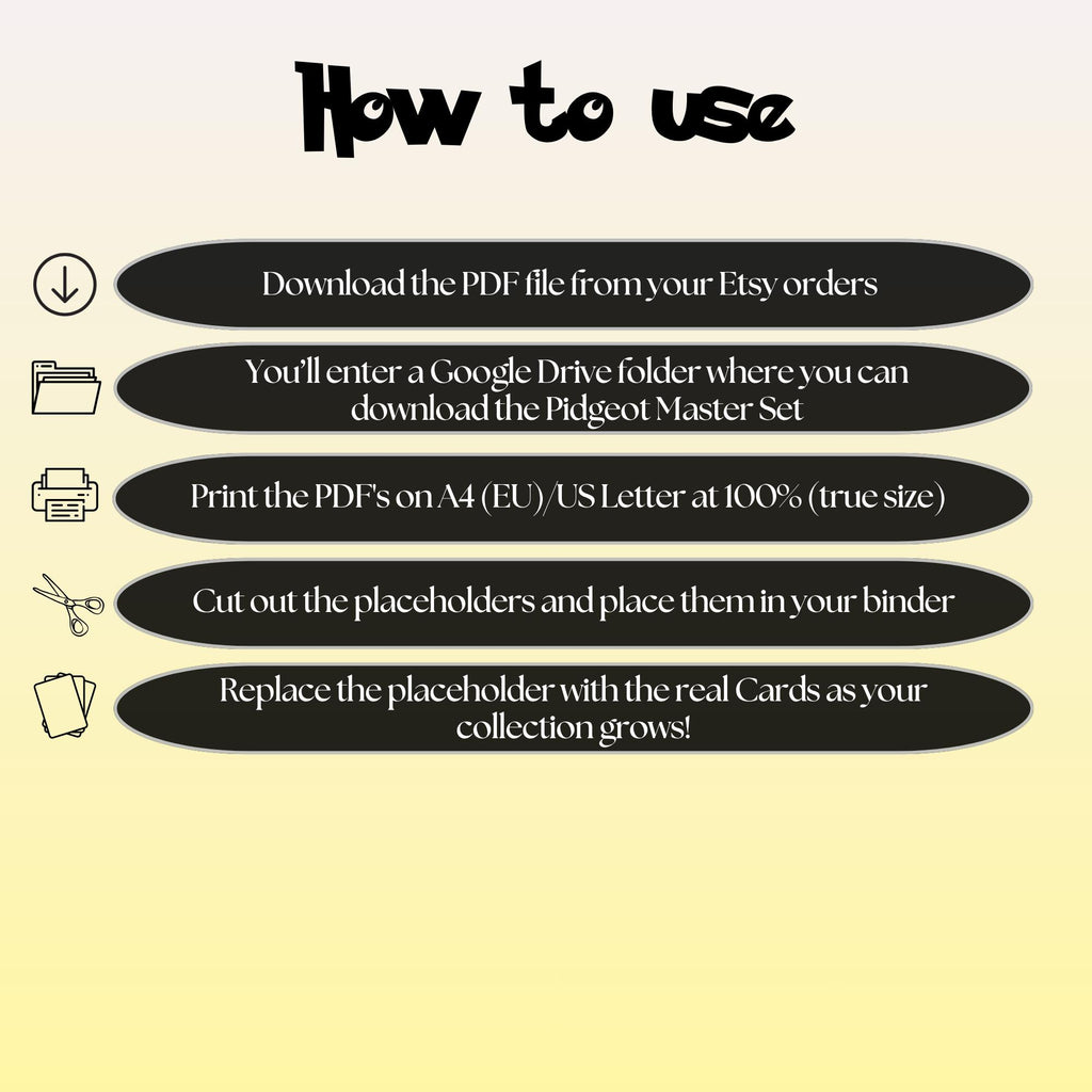 Pidgeot cards digital download instructions explaining how to print, cut, and place placeholders in a Pokémon binder.