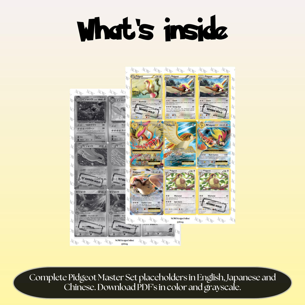 Pidgeot binder pages set overview showing the included Pokémon cards to print and cut for your binder sleeves.