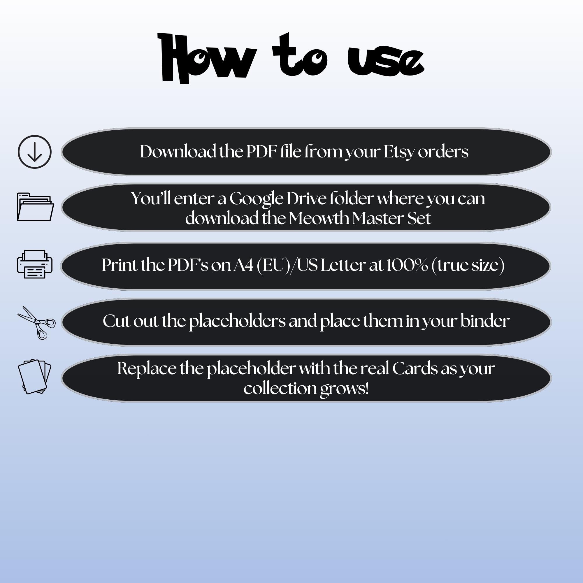 Meowth cards digital download instructions explaining how to print, cut, and place placeholders in a Pokémon binder.