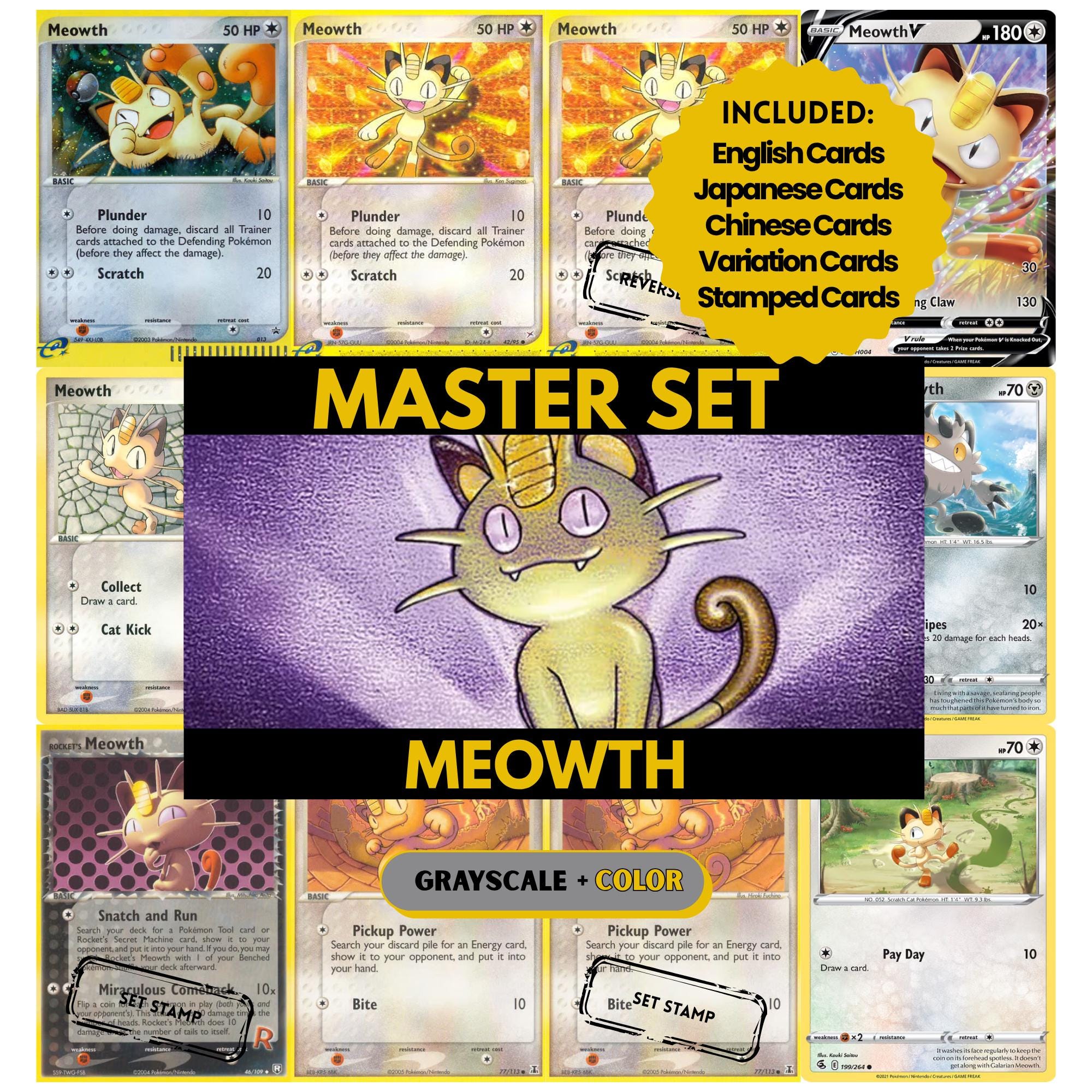 Meowth binder pages set showing grayscale and color Pokémon cards, designed as a digital download to complete a collector’s binder.