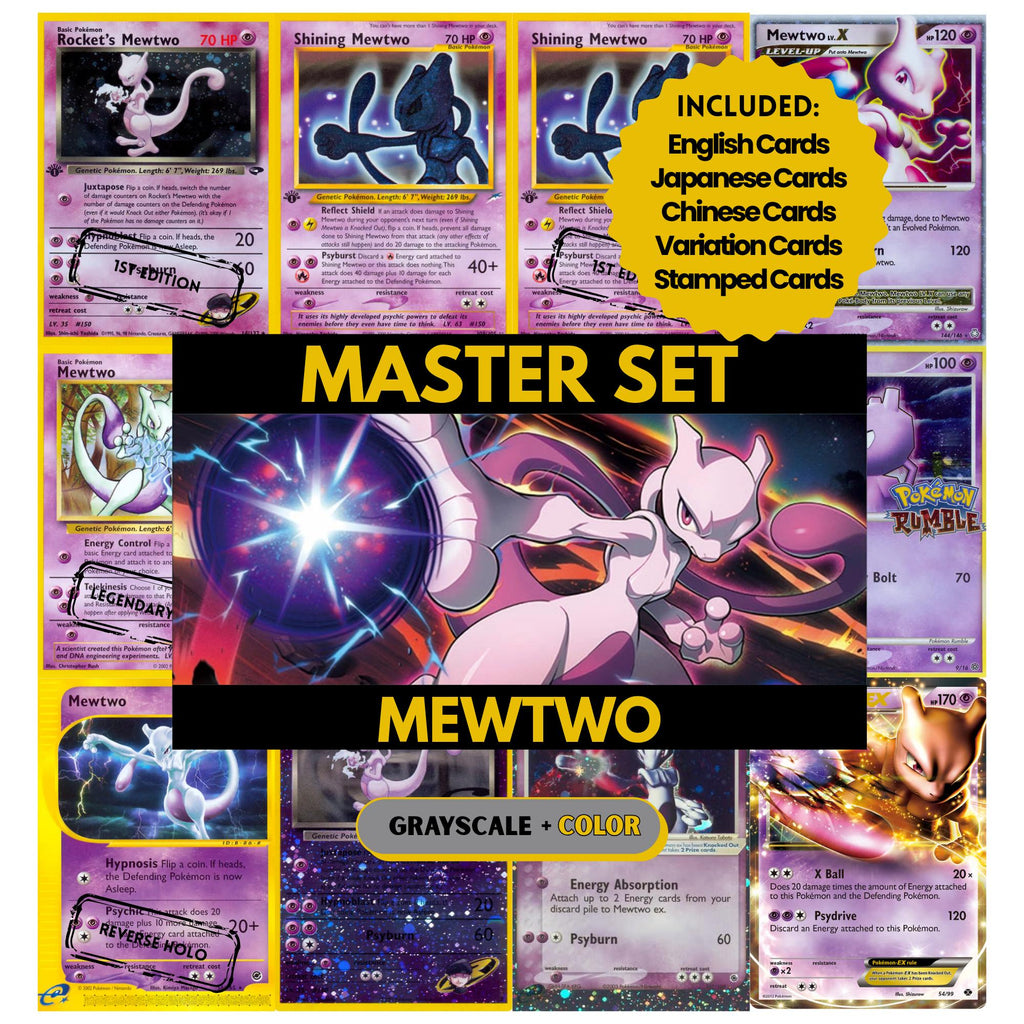 Mewtwo binder pages set showing grayscale and color Pokémon cards, designed as a digital download to complete a collector’s binder.