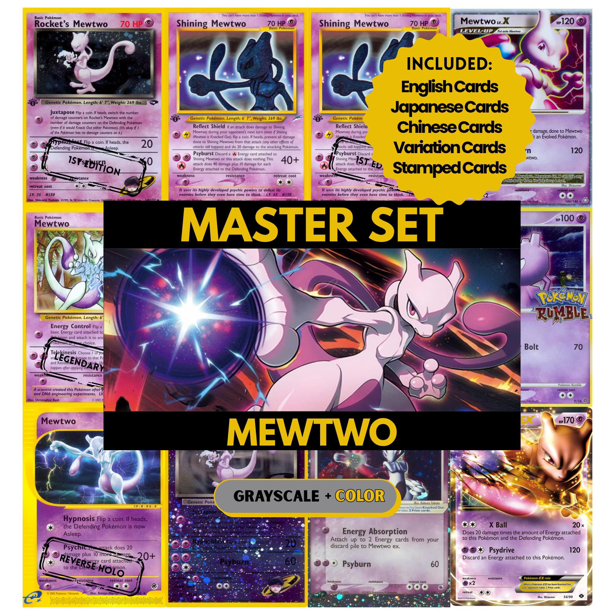Mewtwo binder pages set showing grayscale and color Pokémon cards, designed as a digital download to complete a collector’s binder.